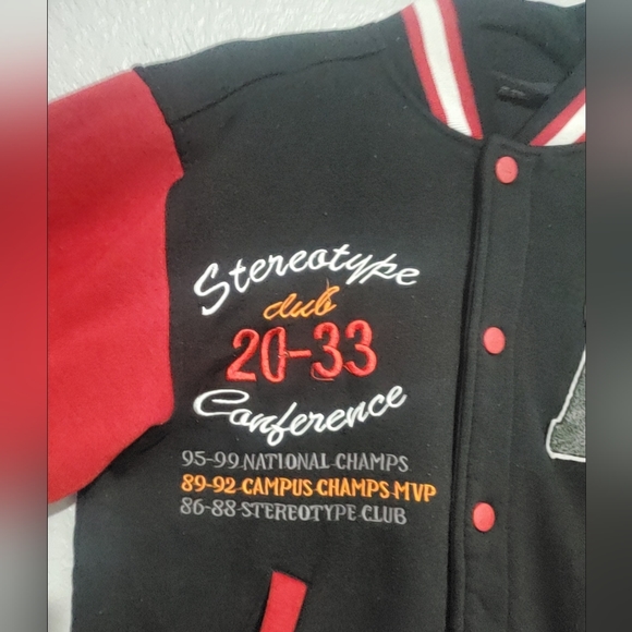 Riflessi Juniors Varsity Fleece Bomber Jacket S Snapped Black/ Red Cotton Blend - Picture 3 of 16